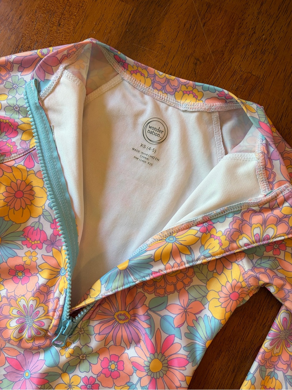 Bright Floral Zip-Front Rashguard One-Piece Long Sleeve Swimsuit Girls XS(4-5) - Picture 5 of 10